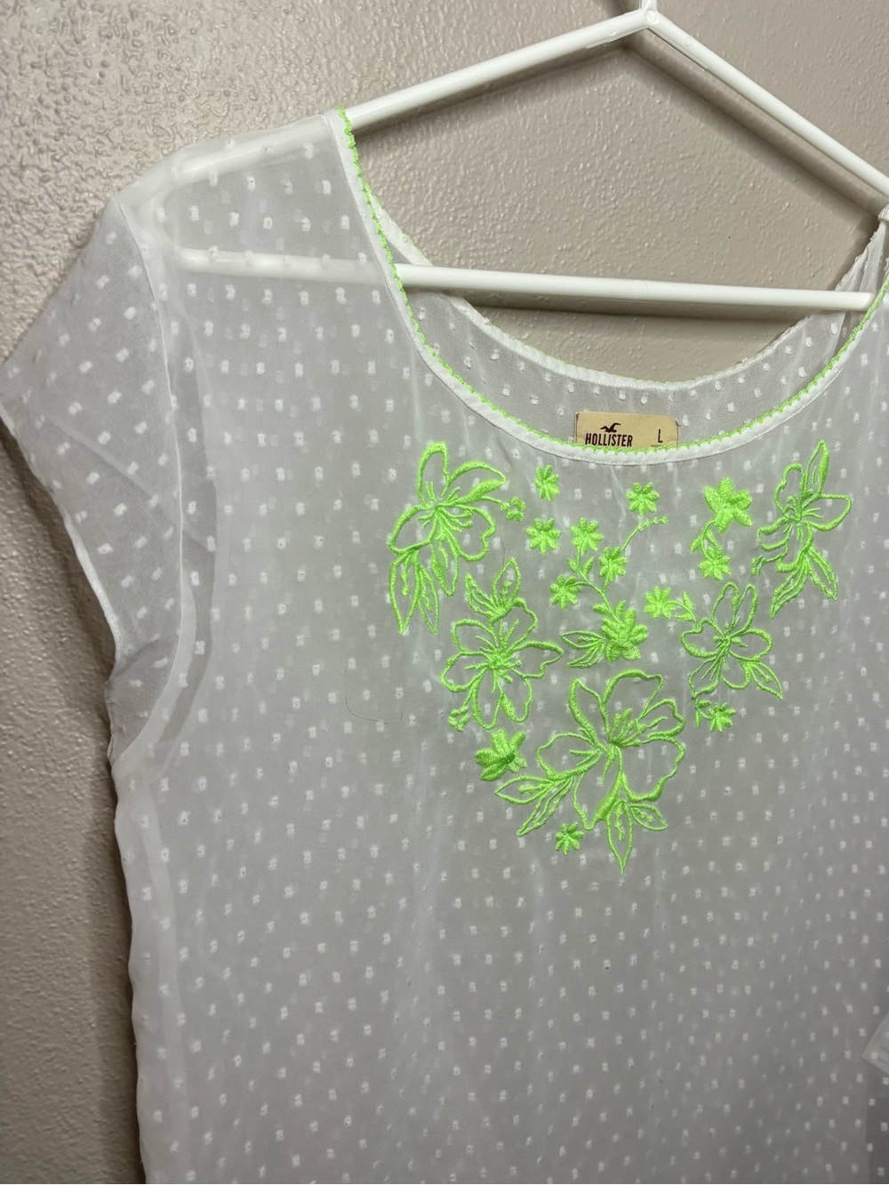 Hollister White Swiss Dot Sheer Blouse Neon Green Floral Embroidered Top L Y2K